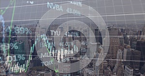 Image of finacial data processing over cityscape photo