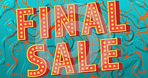 Image of final sale text in red with white dots on blue liquid background