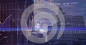 Image of financial data, binary code and graphs over city buildings