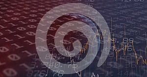 Image of financial data and binary coding processing over globe
