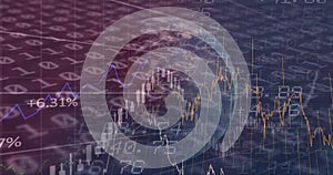 Image of financial data and binary coding processing over globe