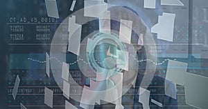 Image of financial data, clock and digital cloud over caucasian businesswoman