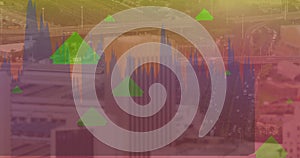 Image of financial data processing and arrows over cityscape