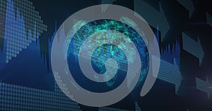 Image of financial data processing and arrows over globe on black background