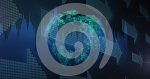 Image of financial data processing and arrows over globe on black background