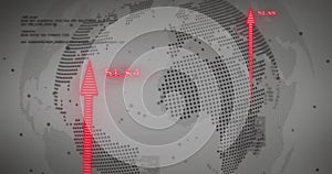 Image of financial data processing and arrows over globe