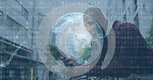 Image of financial data processing, binary coding and globe over man using smartphone