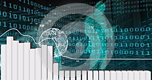 Image of financial data processing and binary coding over black background