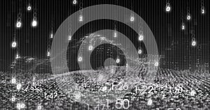 Image of financial data processing and binary coding over black background