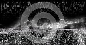 Image of financial data processing and binary coding over black background