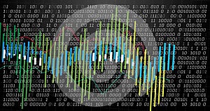 Image of financial data processing and binary coding over black background