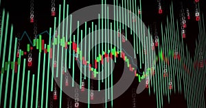 Image of financial data processing and binary coding over black background