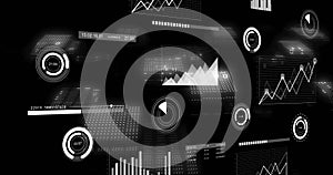 Image of financial data processing and binary coding over black background