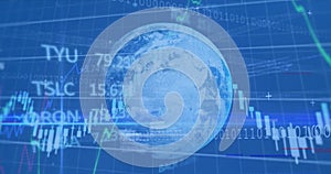 Image of financial data processing with binary coding over globe