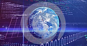 Image of financial data processing and binary coding over globe