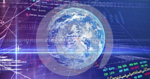 Image of financial data processing and binary coding over globe