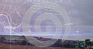 Image of financial data processing binary coding over wind turbines