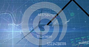 Image of financial data processing and binary coding over wind turbines