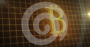Image of financial data processing and bitcoin symbol over dark background