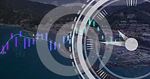 Image of financial data processing and clock over cityscape