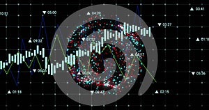 Image of financial data processing and globe with connections over black background