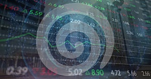 Image of financial data processing with globe over cityscape