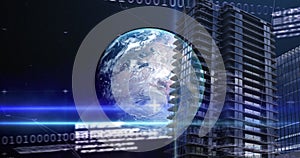 Image of financial data processing and globe over modern building
