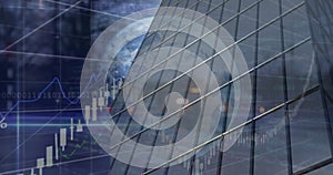 Image of financial data processing and globe over modern building