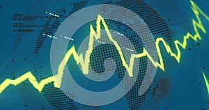 Image of financial data processing with graph and globe on blue background