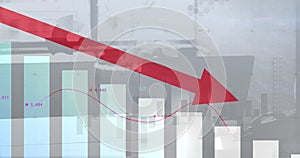 Image of financial data processing with graph over empty office