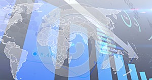 Image of financial data processing with graph over world map on grey background