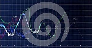 Image of financial data processing on grid over black background