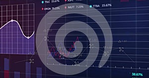 Image of financial data processing on grid over black background