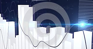 Image of financial data processing and light spots on blue background