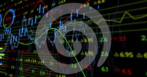 Image of financial data processing with numbers over black background
