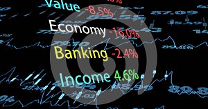 Image of financial data processing with numbers over black background