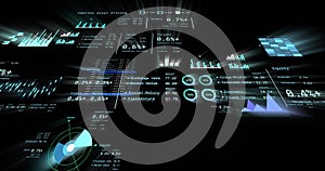 Image of financial data processing with numbers over black background