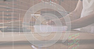 Image of financial data processing over african american man using tablet