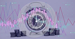 Image of financial data processing over alarm clock and stacks of coins