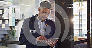 Image of financial data processing over biracial businessman using tablet in office