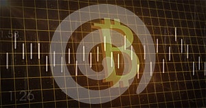 Image of financial data processing over bitcoin sign, on black background