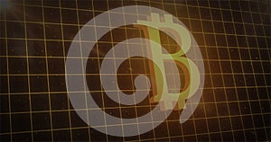 Image of financial data processing over bitcoin sign, on black background