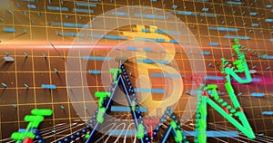 Image of financial data processing over bitcoin symbol on black background