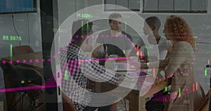 Image of financial data processing over business people in office