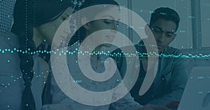 Image of financial data processing over business people working in office