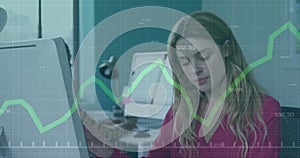 Image of financial data processing over businesswoman using computer