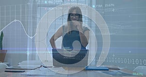 Image of financial data processing over businesswoman using computer