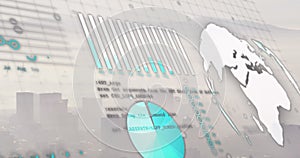 Image of financial data processing over cityscape