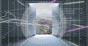 Image of financial data processing over cityscape