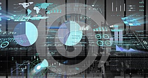 Image of financial data processing over cityscape